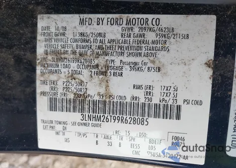 2009 Lincoln Mkz z USA, uszkodzony, nr VIN 3LNHM26T99R628085